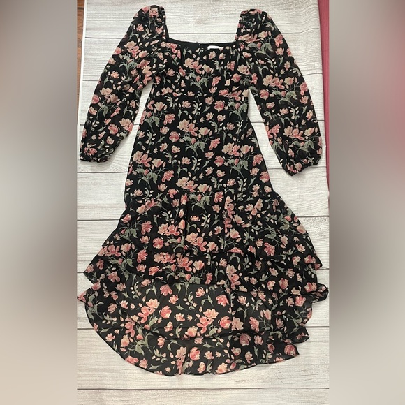 LUSH Women's Long Sleeve High-Low Boho Dress Black Red Floral Size Medium - Picture 6 of 8